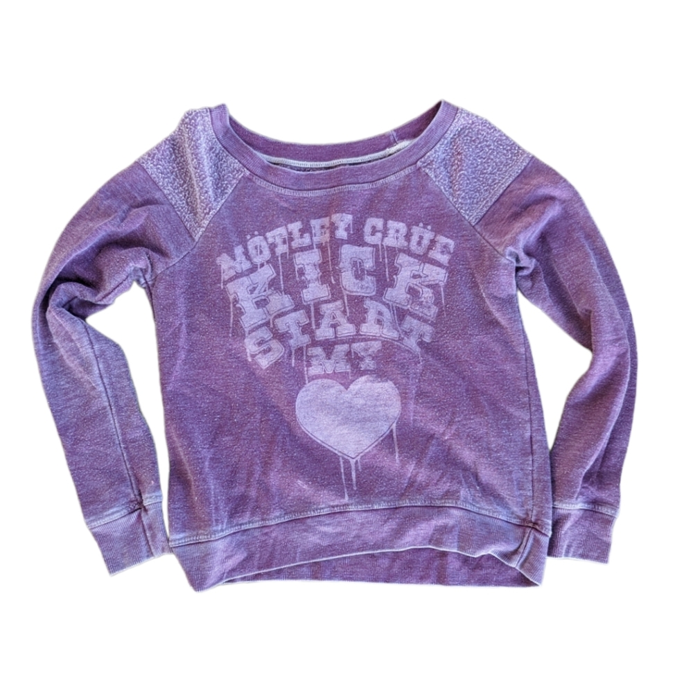 Chaser Motley Crue Distressed Pullover Womens XS Purple Sweatshirt Top - Picture 5 of 9